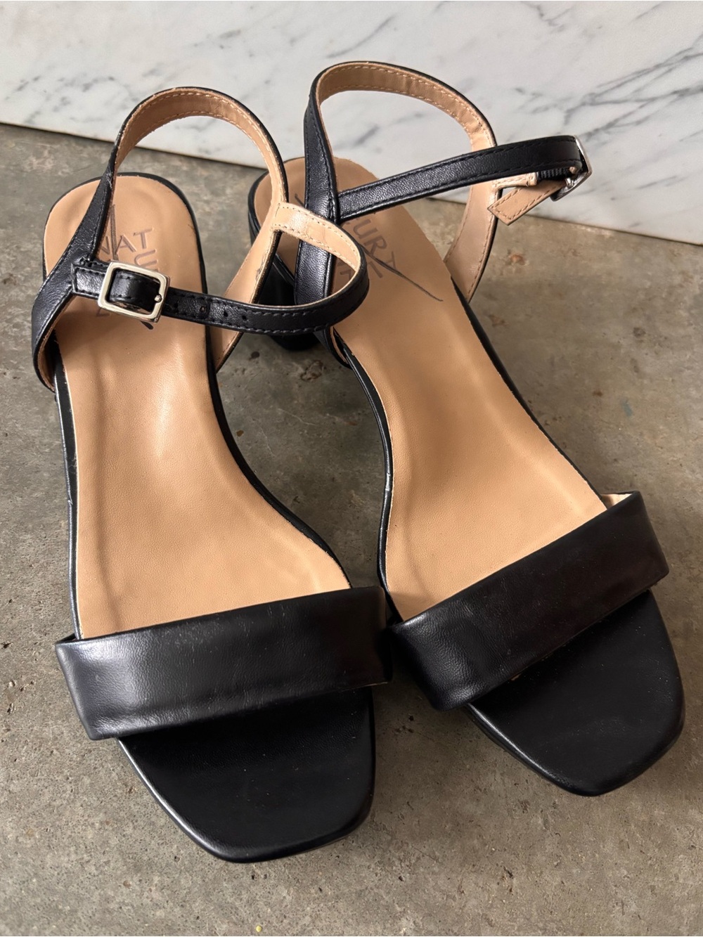 Super Comfortable classic padded Black Leather heeled sandals with ankle strap.